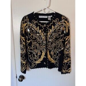 Vintage Michael Simon Black Gold Beaded Embroidered Sweater Cardigan Size 1 S/M